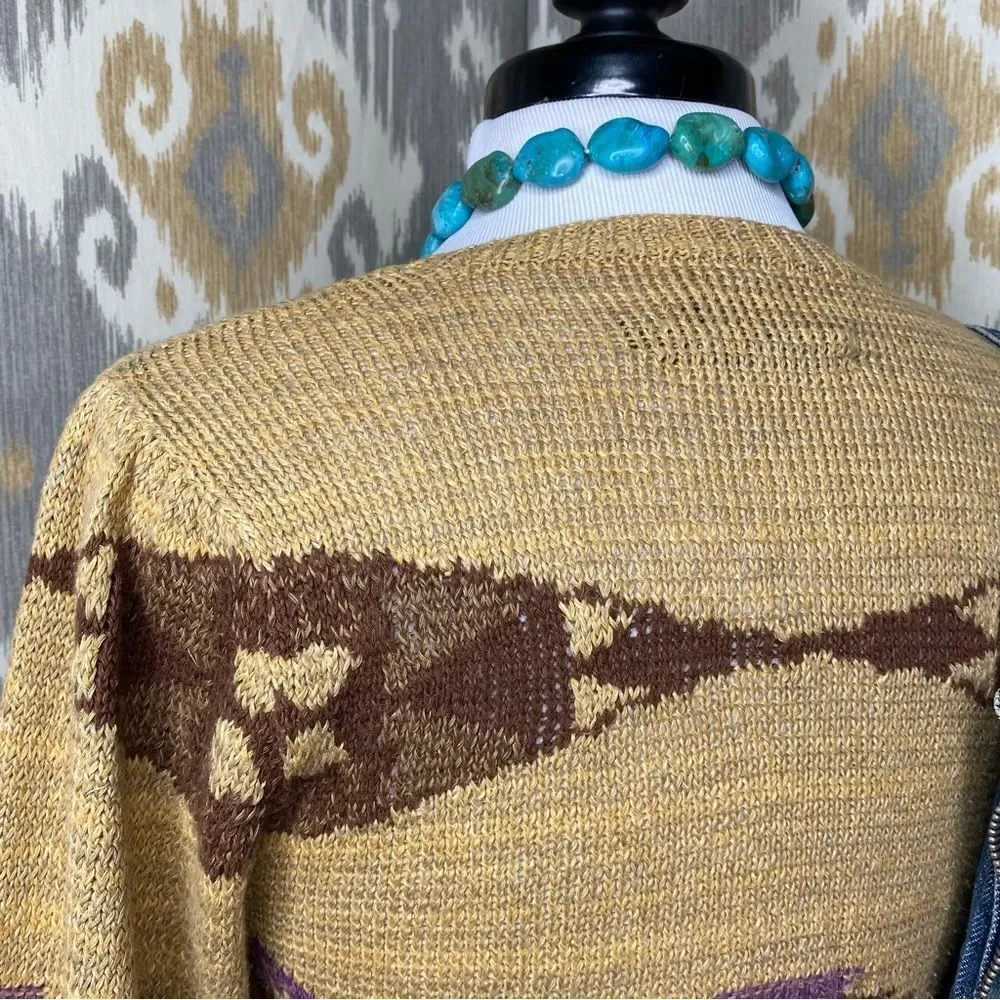 Ralph Lauren Tan Multi Southwest Aztec Hand-Knit Linen Silk V-Neck S/S Sweater - Picture 14 of 16